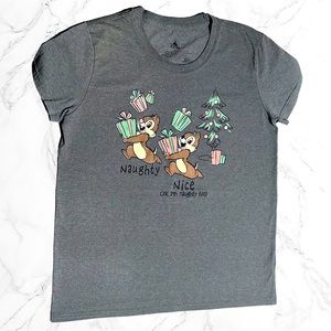 Disney Parks Women’s Christmas Chip N’ Dale "Naughty & Nice" T-Shirt Gray Large